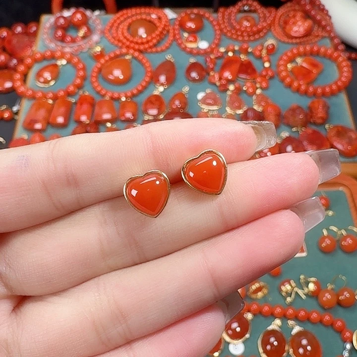 南红玛瑙银S925镶嵌耳饰