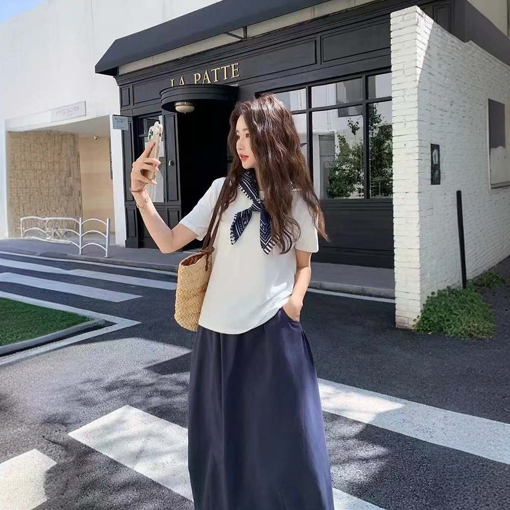 丝巾白色T恤半身裙休闲套装2025新款女夏今年流行通勤盐系三件套