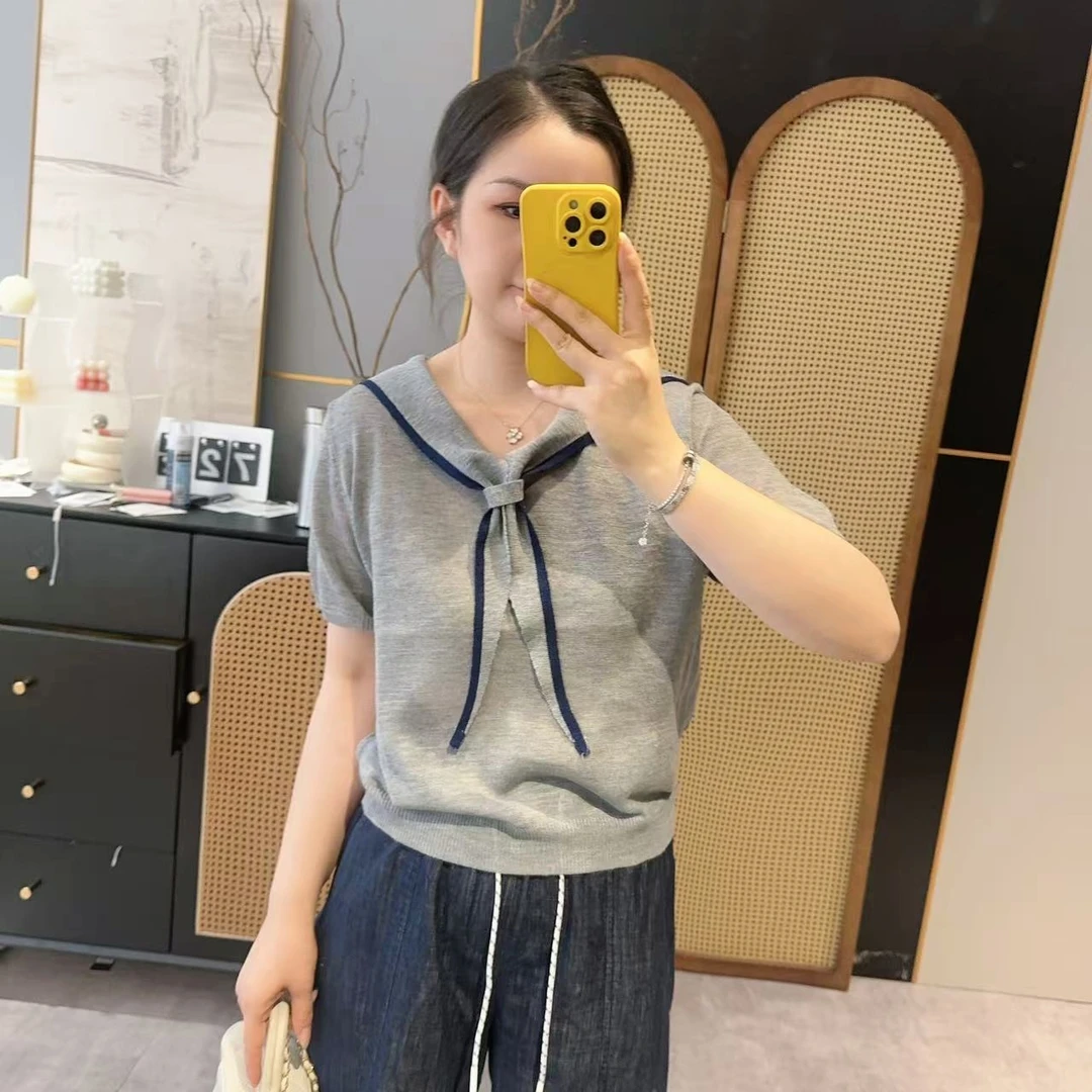 【欧加恋恋】撞色海军领短袖针织T恤夏季韩系减龄显瘦 W250621019