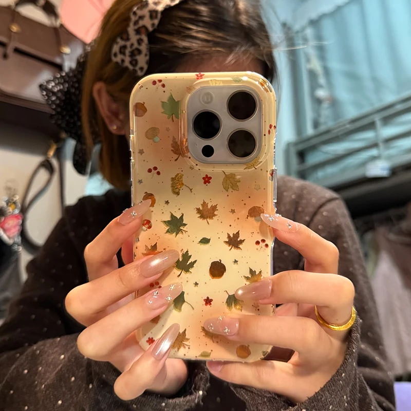 雅天立秋冬鎏金泼墨落叶适用iPhone17新16手机壳华为vivo小米oppo