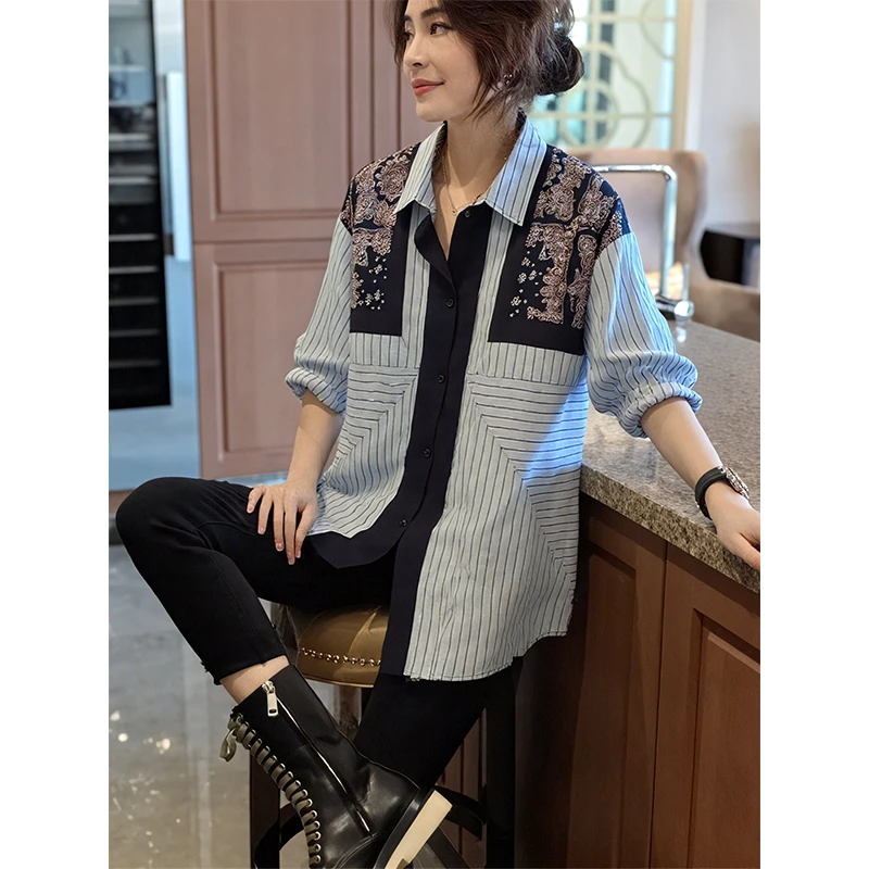 YE#宽松休闲复古民族风印花蓝色条纹长袖衬衫女春季新款DY12742