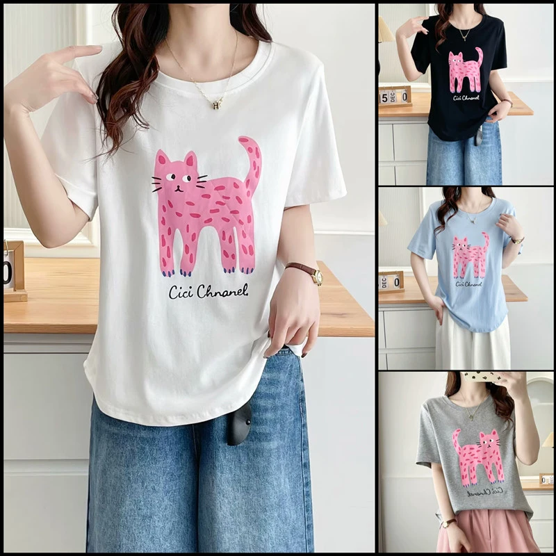 大码女装韩版印花圆领短袖T恤胖mm夏季洋气百搭休闲显瘦宽松上衣