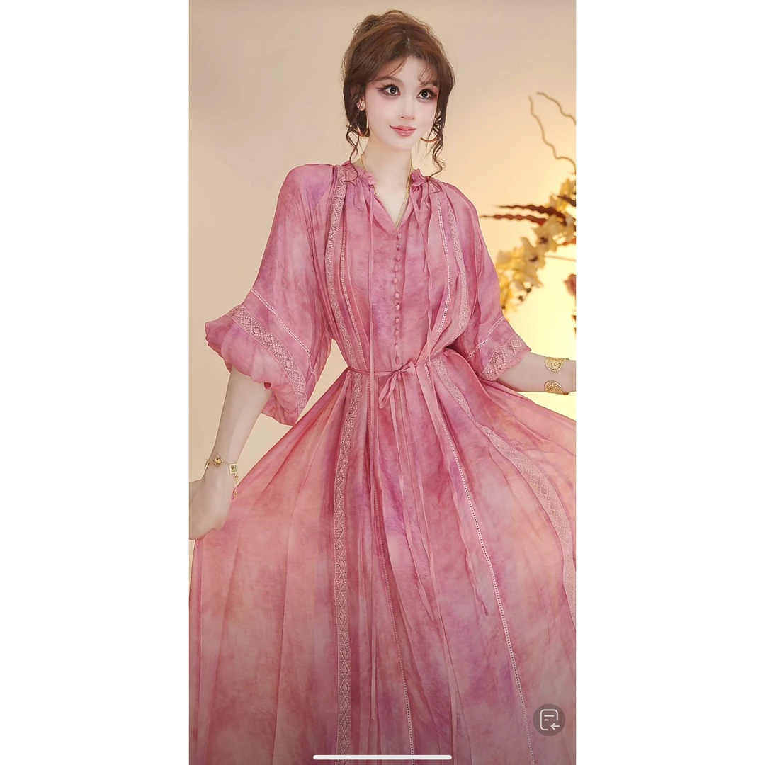 【猫猫专属】（梦蝶飞舞）天丝亚麻手工织带v领气质微胖连衣裙