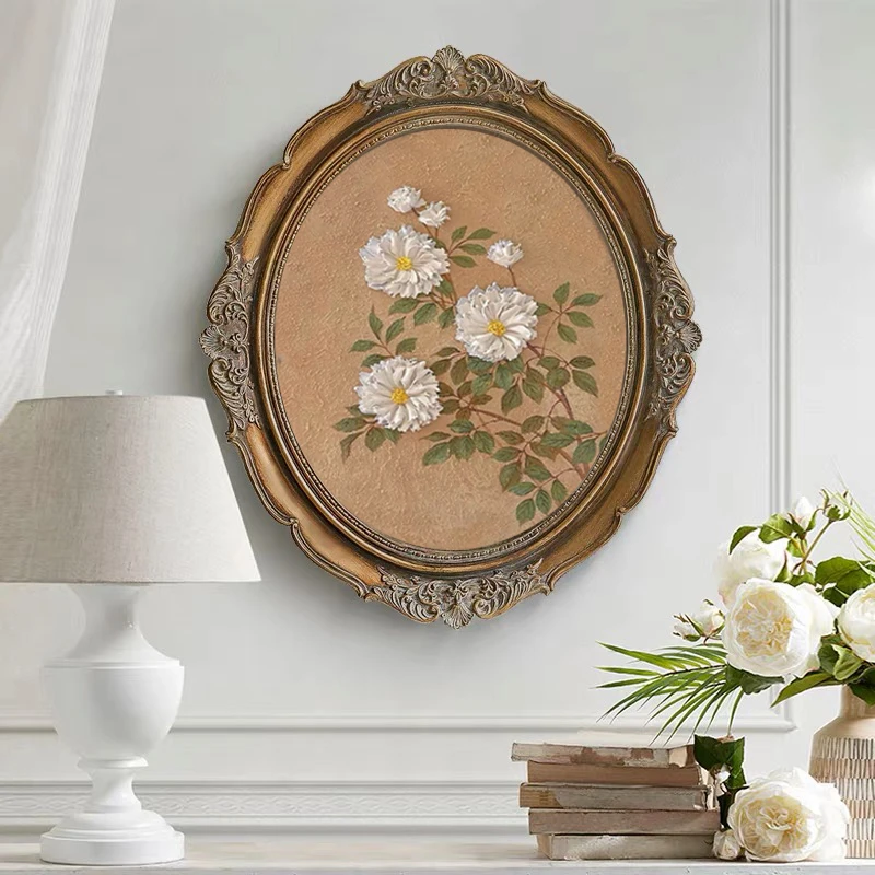 法式玄关墙面装饰画复古花朵挂画轻奢中古圆框卧室餐厅壁画美式画