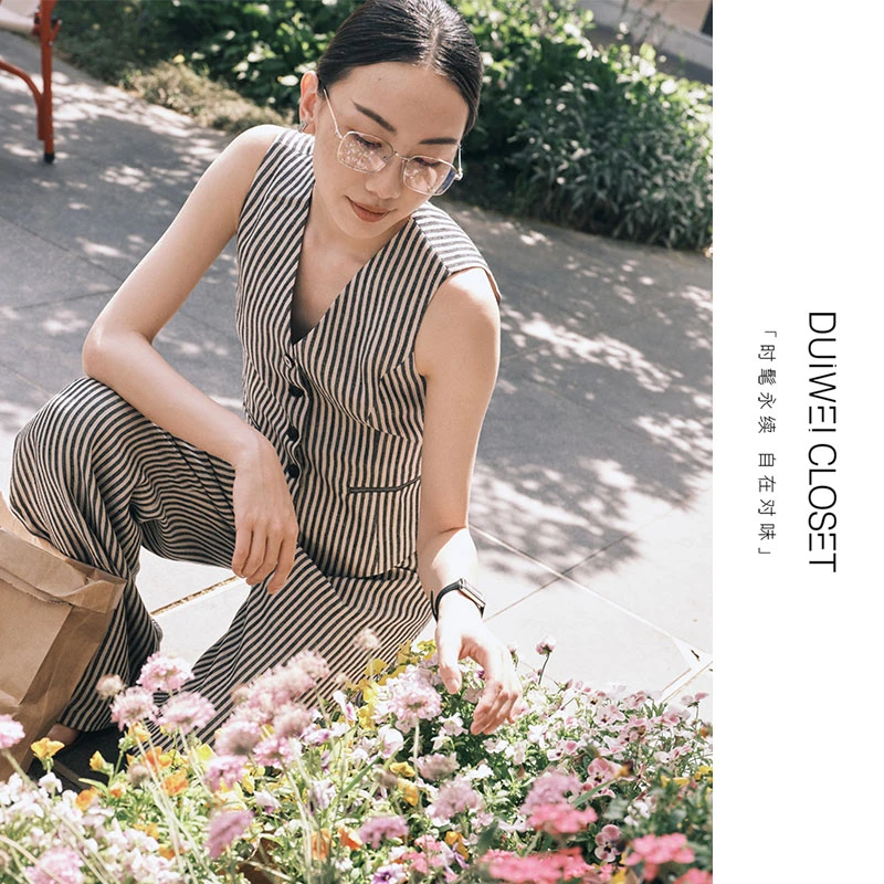 DUIWEI CLOSET100%法国雨露亚麻休闲通勤修身收腰马甲镰刀裤套装