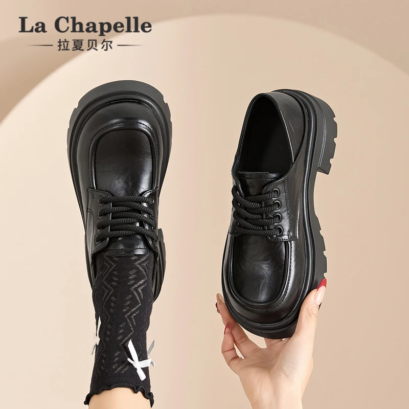 拉夏贝尔25年春季新款英伦风学生厚底增高乐福鞋女百搭小皮鞋
