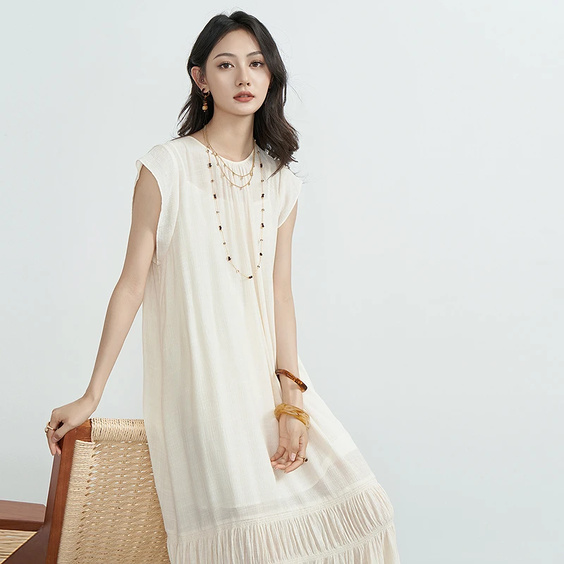 2025夏季典雅圆领绑带长款连衣裙YA24228L005