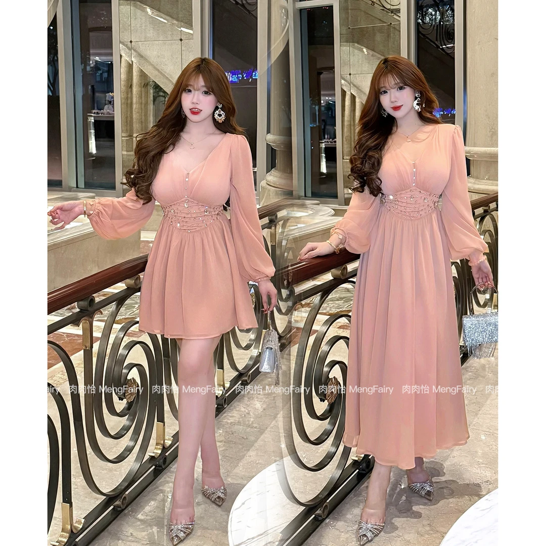 萌面侠肉肉怡 现货【碎钻星河】重工高贵轻奢闪钻收腰连衣裙6284 85