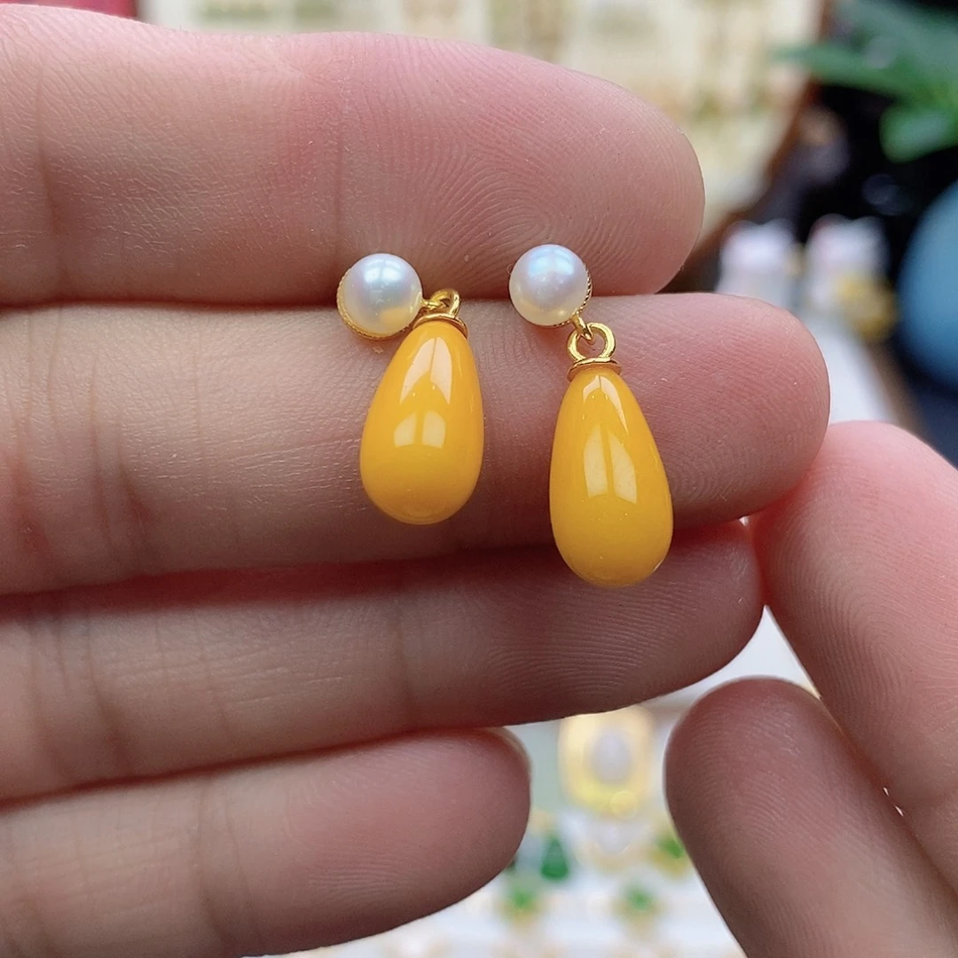 普****蜜蜡银S925镶嵌耳饰