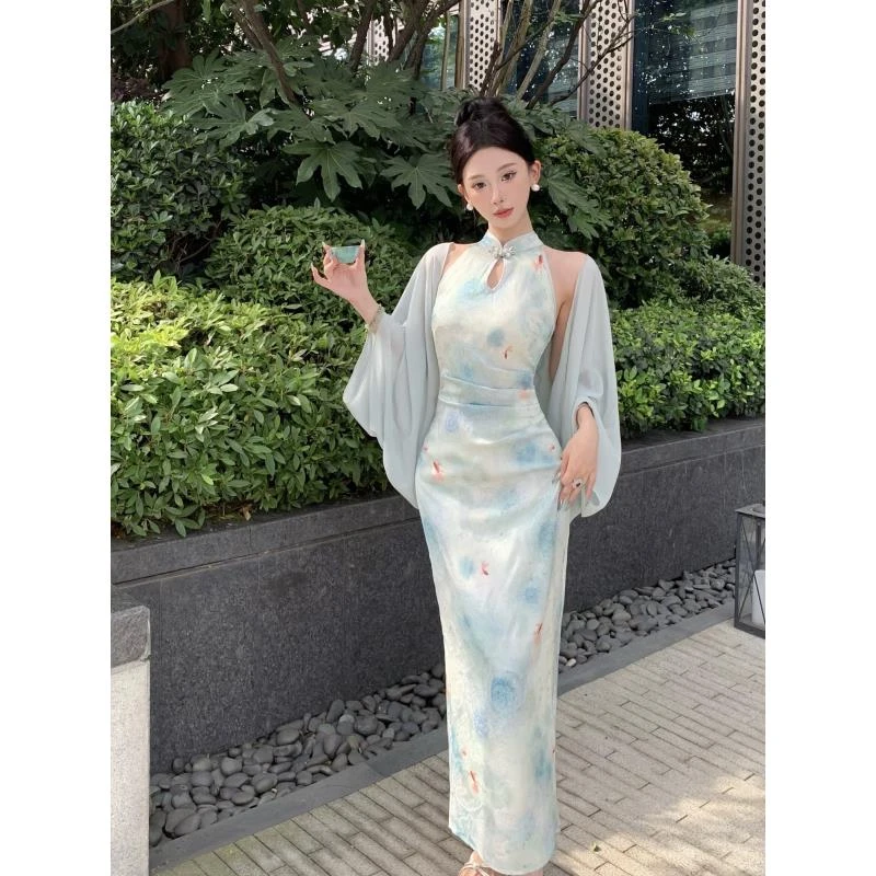 新中式复古国风挂脖绿色旗袍女2025夏收腰显瘦防晒开衫上衣两件套