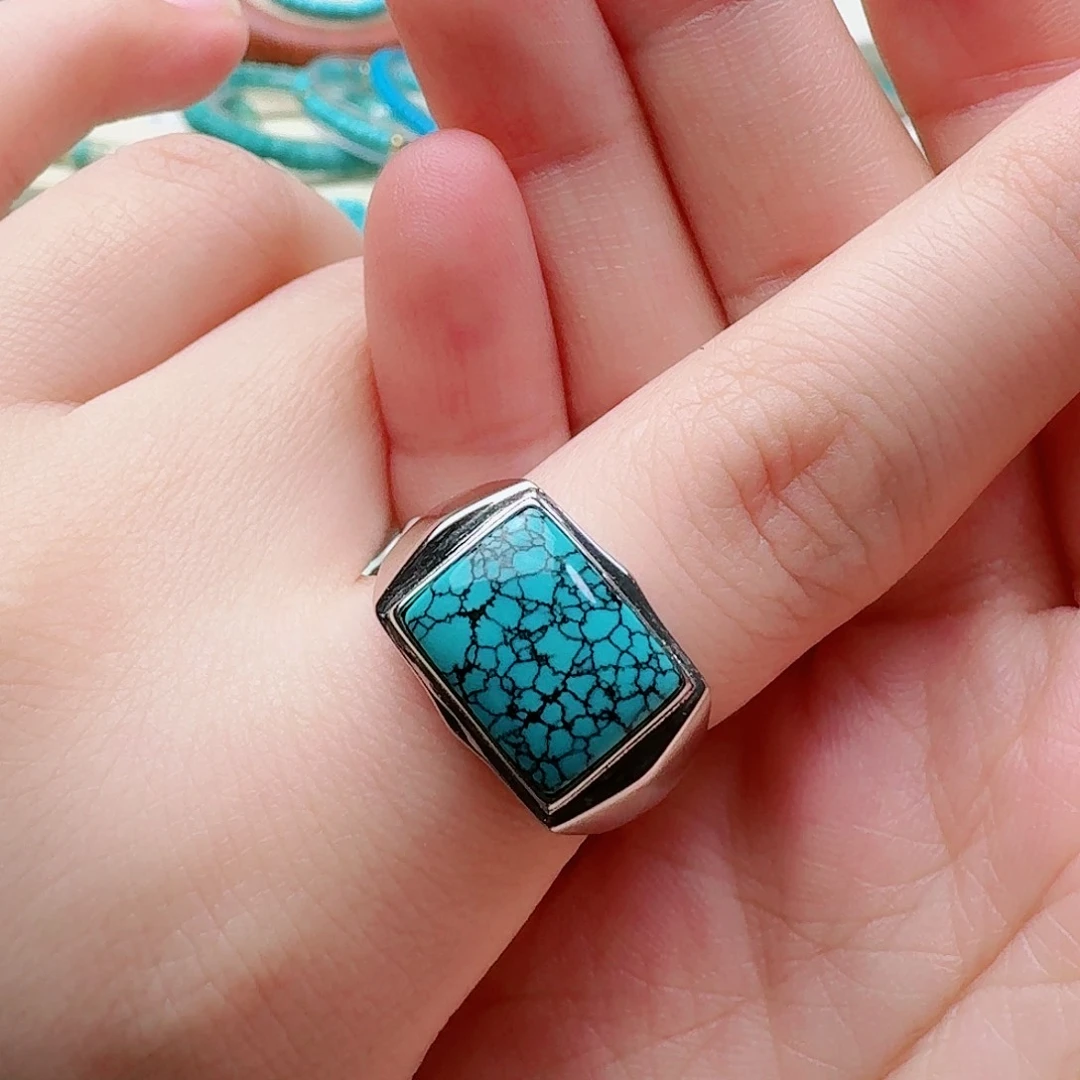 绿松石银S925镶嵌高瓷绿网花马鞍戒