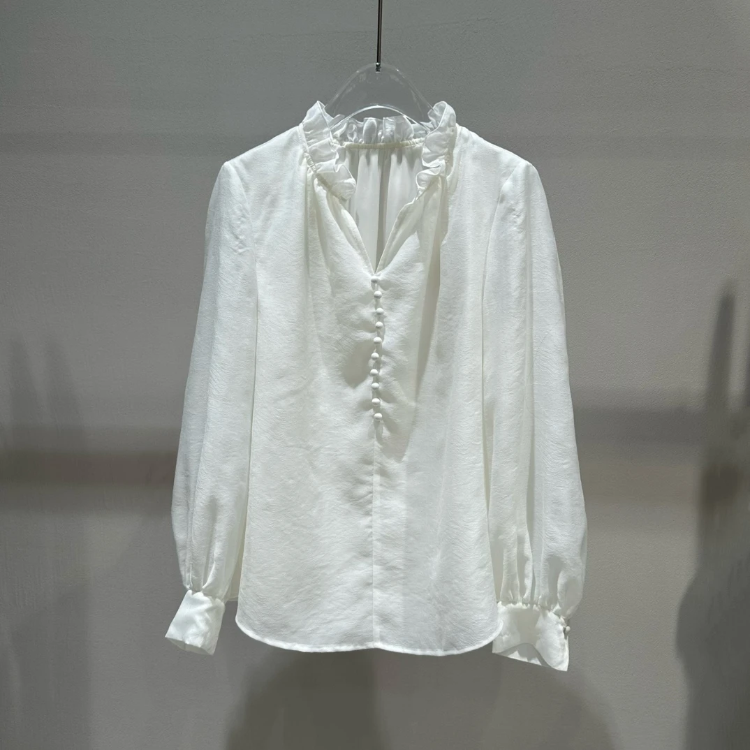 红家25春新款百搭气质v领荷叶边套头衬衫12003