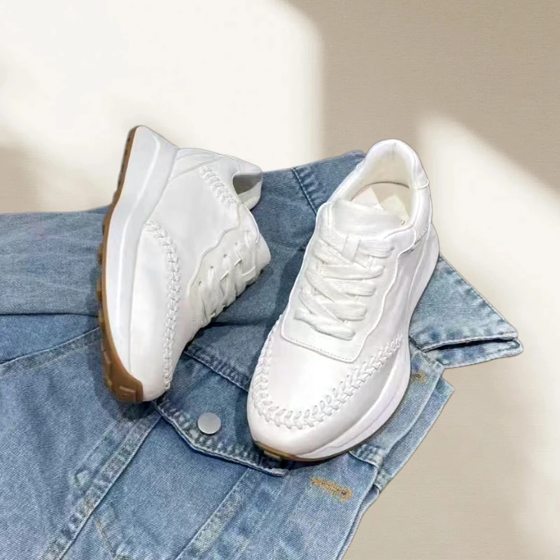 四季女款德训鞋小蛮腰阿甘鞋百搭小白鞋厚底运动编织真皮休闲鞋