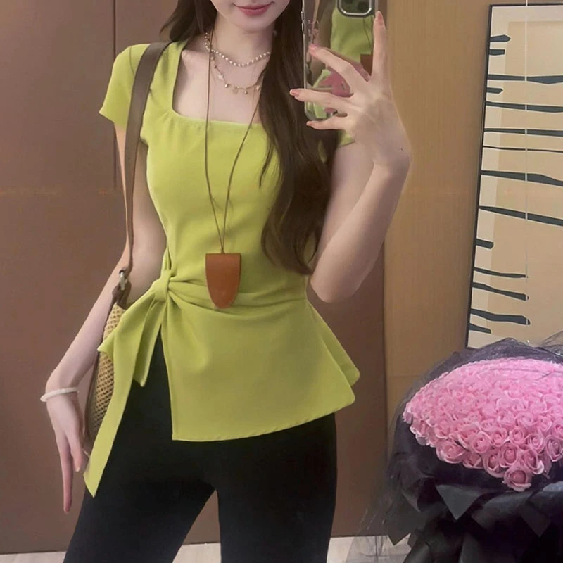 设计感小众收腰绑带上衣女夏季新款气质网红显瘦百搭吊带T恤衫潮