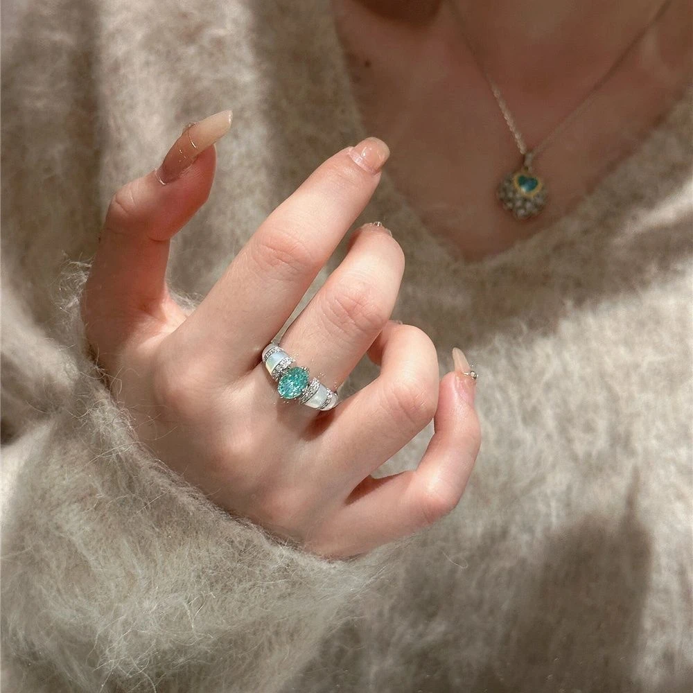 铜合金戒指 中古风蓝色锆石戒指轻奢小众高级感开口可调节指环女