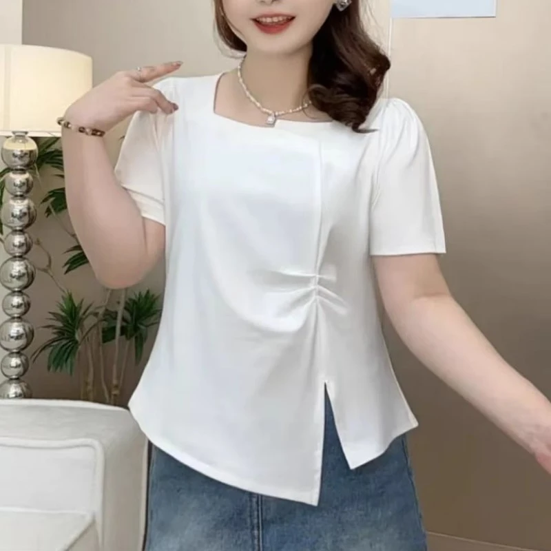 设计感开叉正肩短袖t恤夏季薄款大码女装胖mm显瘦不规则显瘦上衣