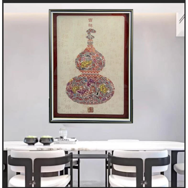 Q288葫芦时尚餐厅客厅轻奢挂画钢化玻璃装裱实物鎏金画装饰画