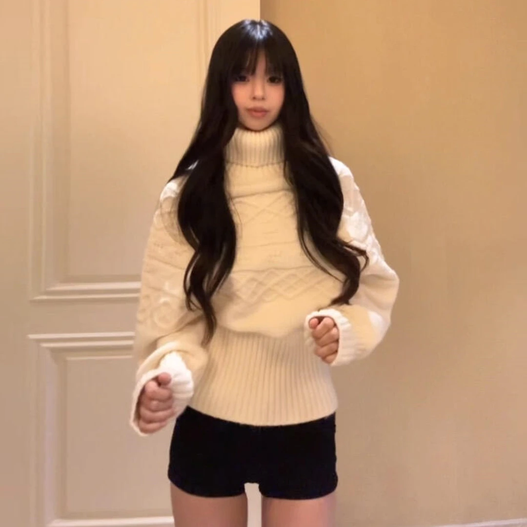 韩系白色高领毛衣女秋冬2025新款慵懒风气质蝙蝠袖针织衫长袖上衣