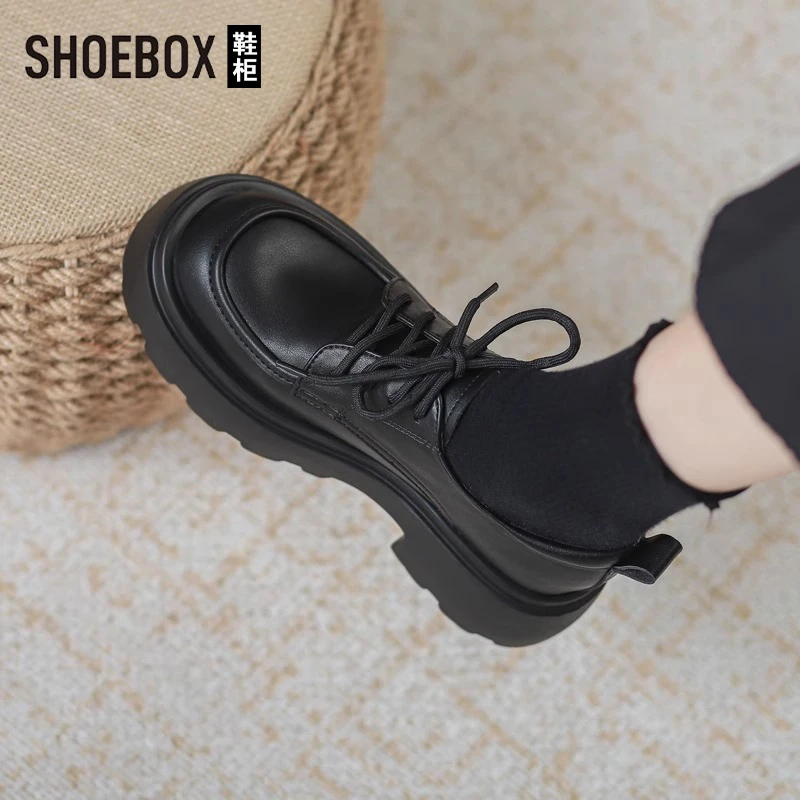 SHOEBOX鞋柜英伦风小皮鞋女2025新款春季复古厚底黑色乐福鞋子