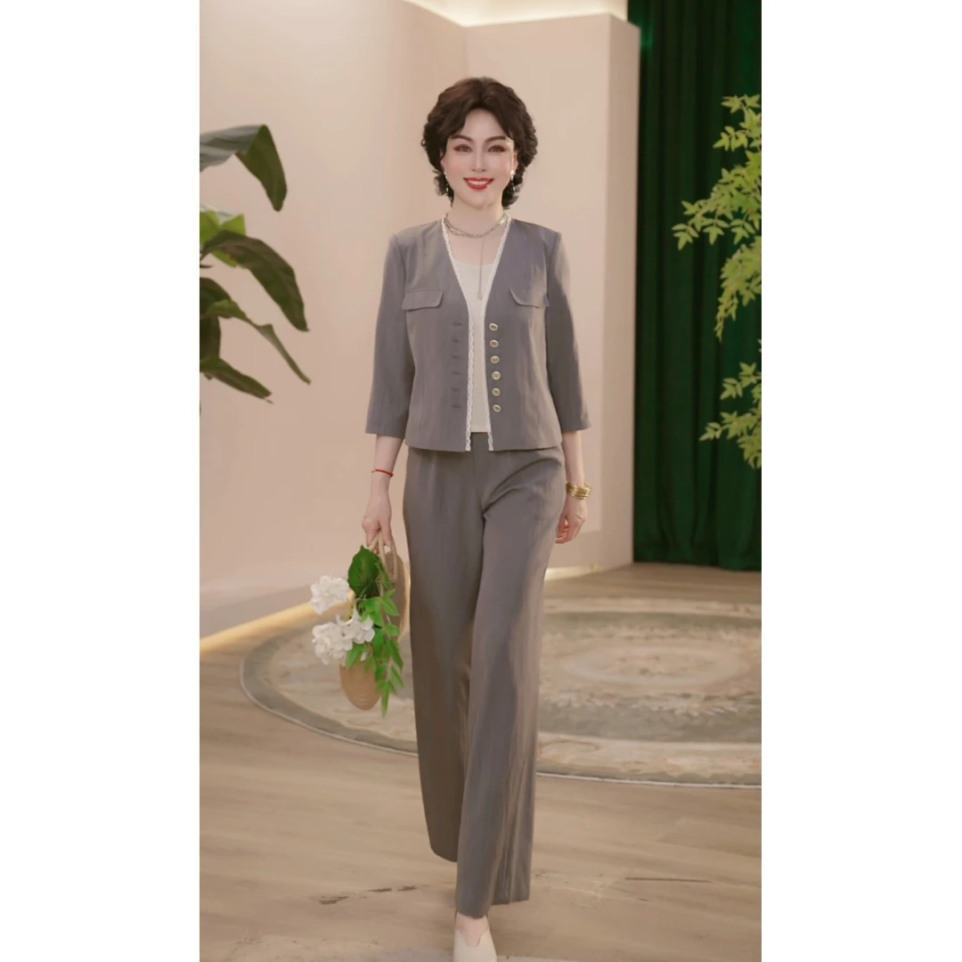 中年妈妈春装时尚套装2025新款气质中年女装宽松两件套上衣裤子