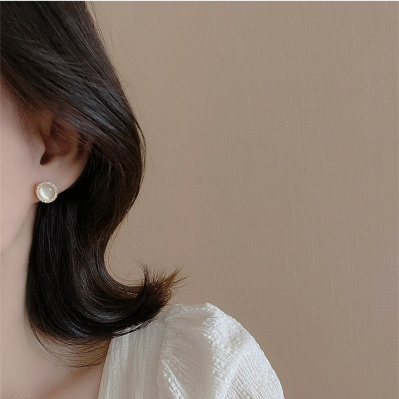 铜合金合成锆石耳饰 小众百搭微镶锆可转动喵喵石圆形耳钉1269