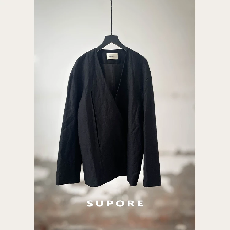 书白SUPORE | 小众设计V领西服复古棉感褶皱显瘦免烫夹克简约