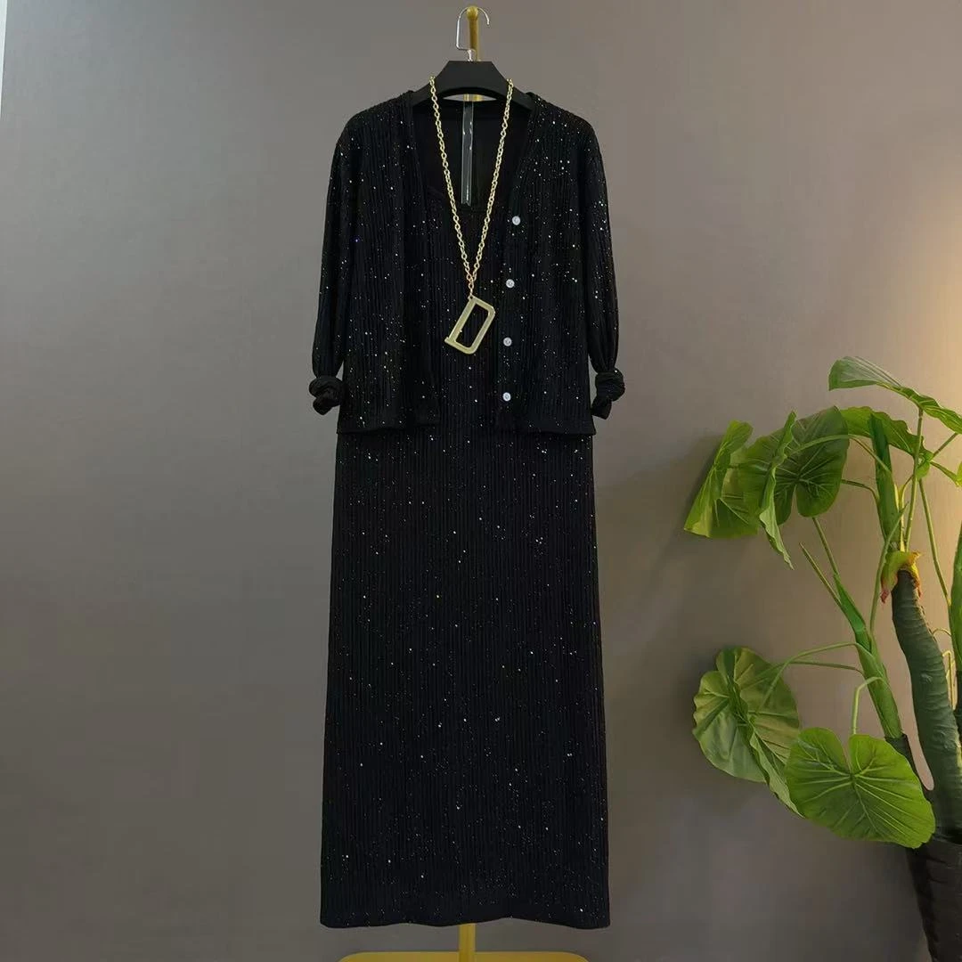 休闲风纯欲风简约风时尚套装黑色裙子长袖外披+裙子宽松遮肉大码