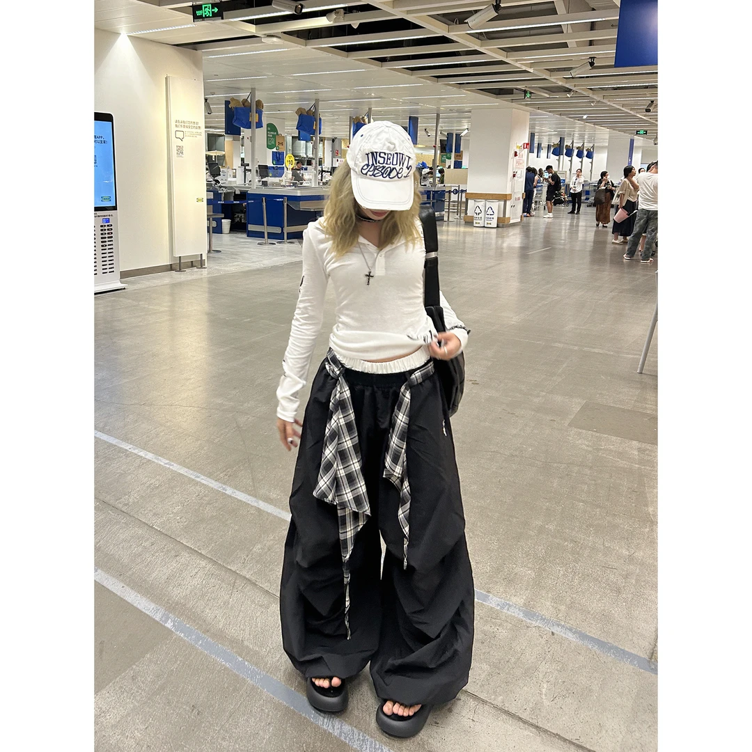 美式复古字母印花可拆卸屁帘休闲裤女秋冬街头泽西风黑色工装裤子