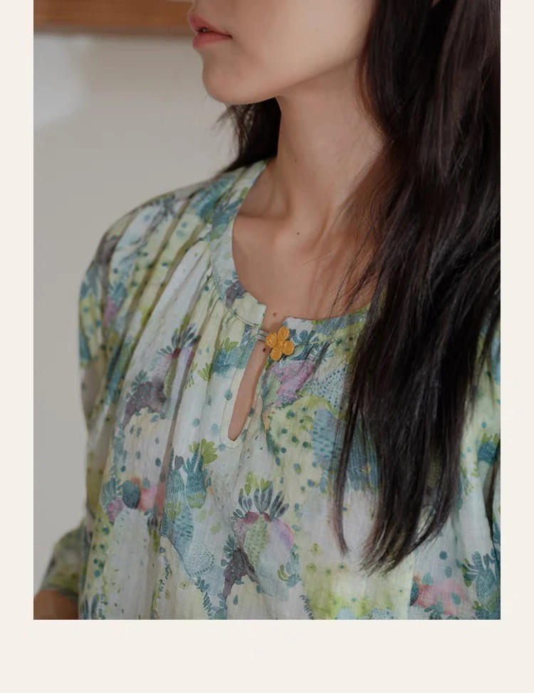 朵朵可可睡衣女2025春夏新款人棉圆领印花七分袖束口长裤家居服