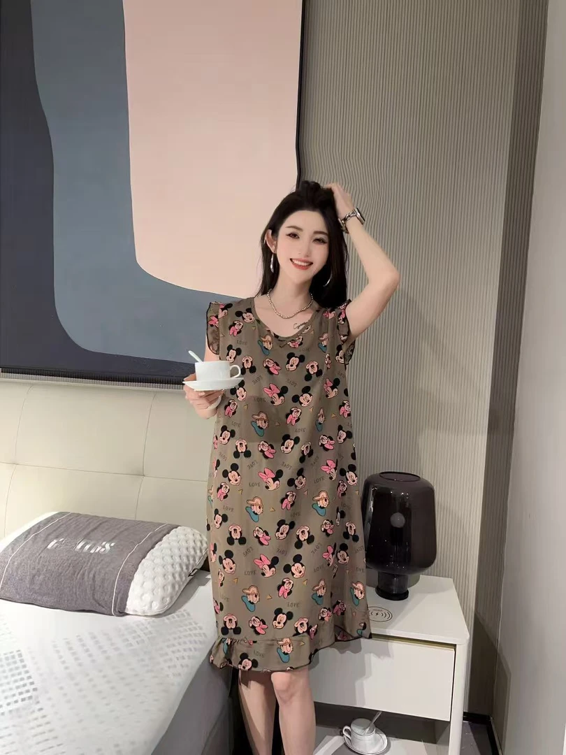 夏季卡通米奇波点可爱圆领无袖家居服睡裙女人棉无袖宽松减龄睡衣