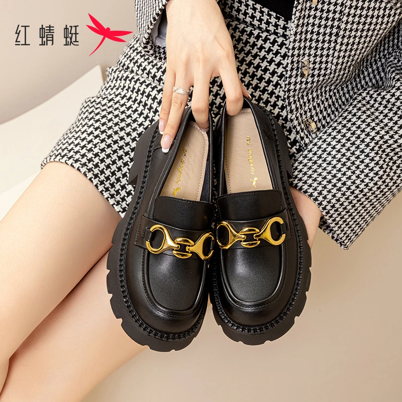 REDDRAGONFLY/红蜻蜓高跟时尚百搭休闲女鞋春秋英伦风粗跟乐福鞋