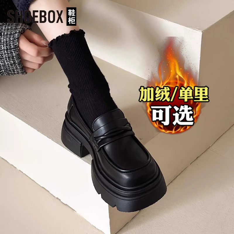 达芙妮集团旗下厚底鞋黑色乐福鞋女款2025新款秋冬皮鞋加绒女鞋