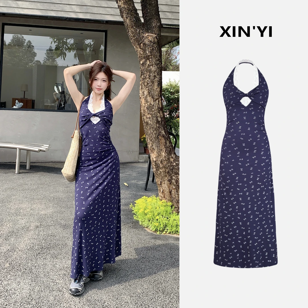 【繁花】春夏韩系长款碎花拼接蕾丝V领设计感连衣裙C 8585#