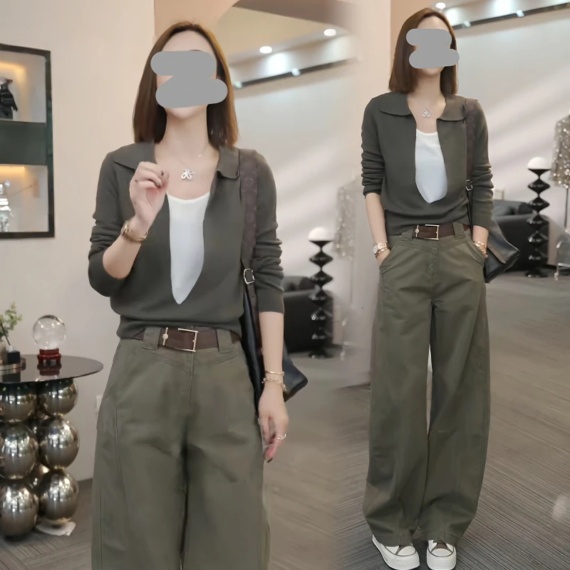 慵懒风韩版休闲套装女2025年秋冬新款拼接设计感上衣阔腿裤两件套