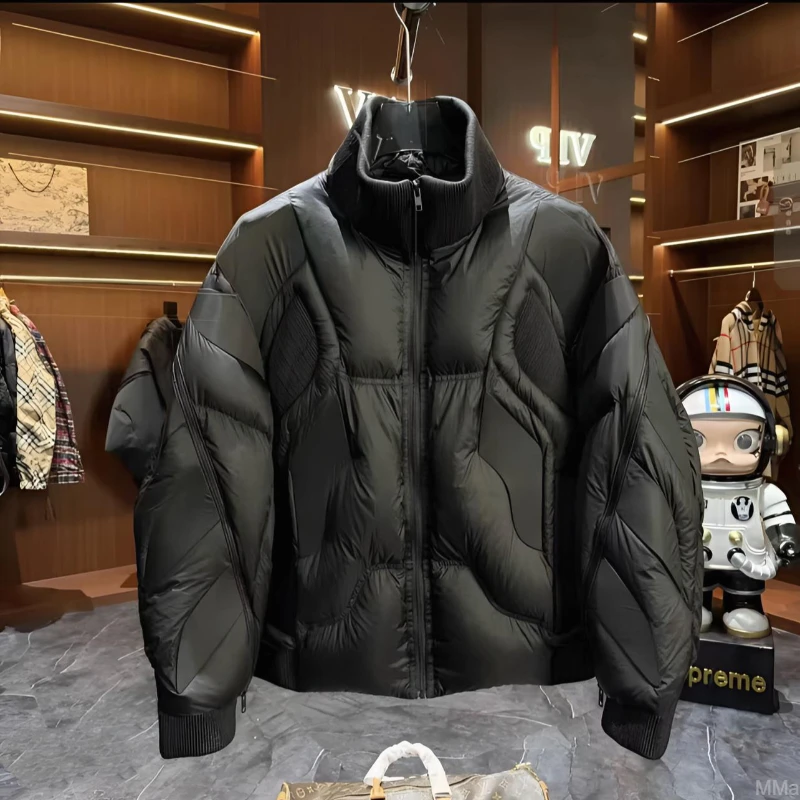 欧货潮牌2025秋冬新款时尚个性立领拉链长袖棉服男修身保暖外套=