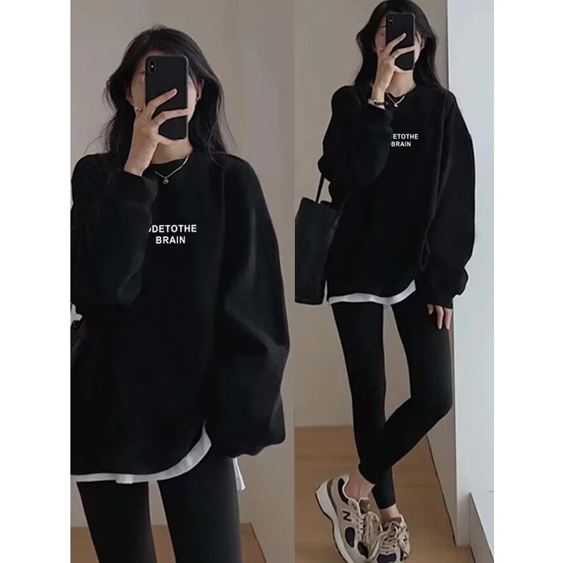 假两件圆领卫衣女2025秋冬新款宽松中长款遮屁股加绒加厚拼接上衣