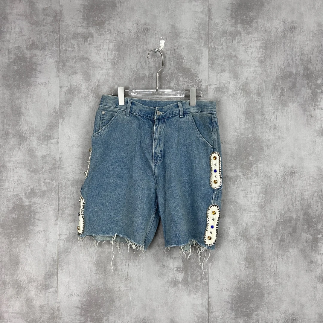 未使用 MaxMara  SAINT LOUIS 铆钉宝石做旧牛仔短裤 L码 带吊