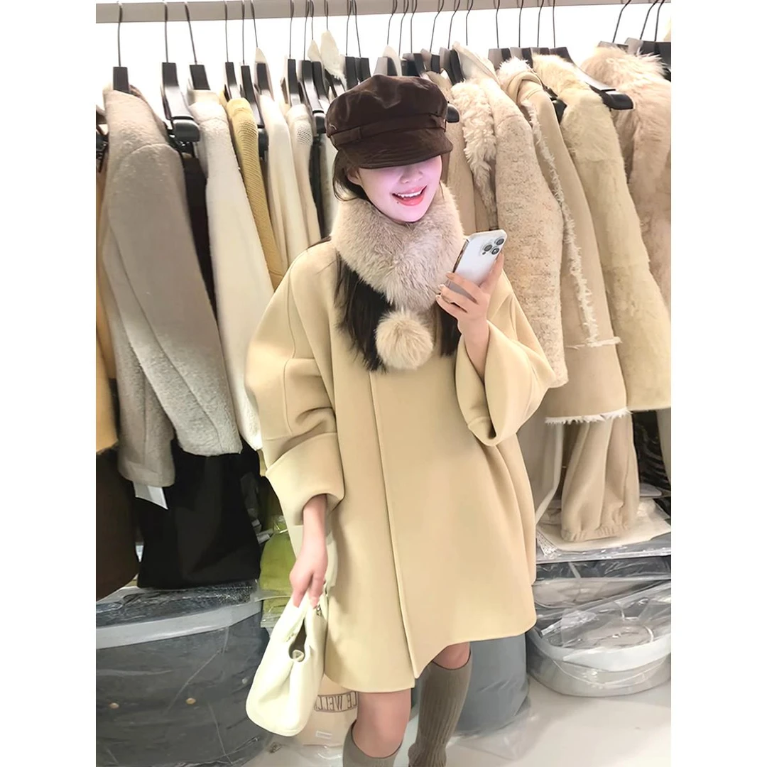 卡其色冬季2025新品温柔风高级超好看领宽松双面呢子甜美大衣