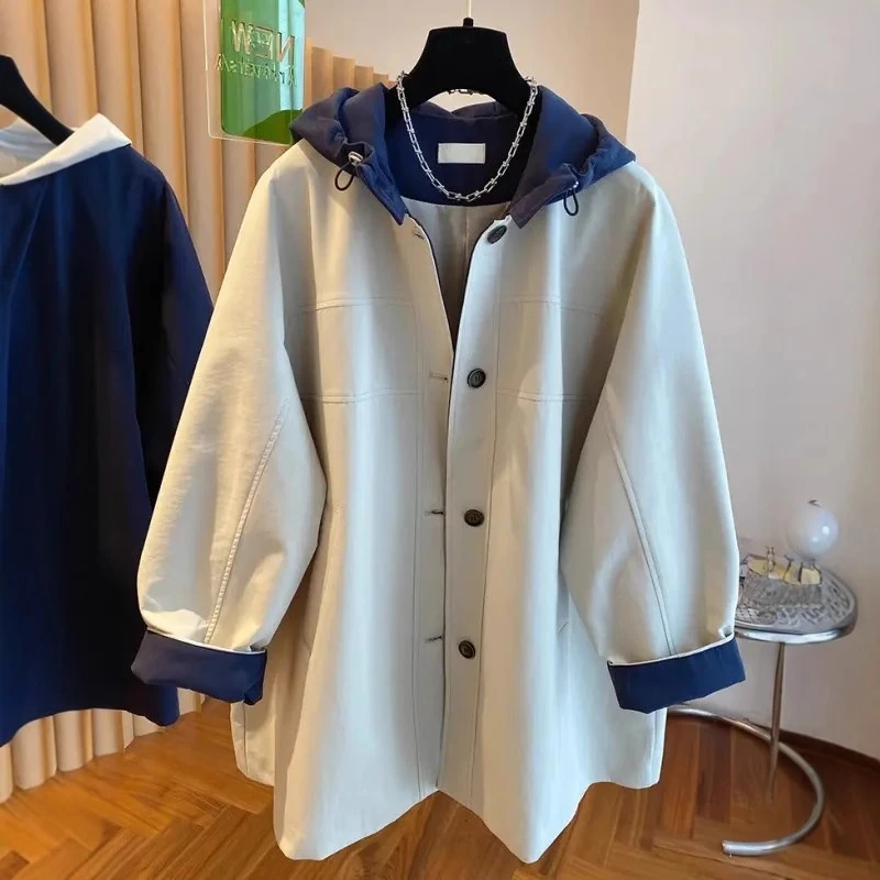 欧货大码女士外套春秋爆款2025新款洋气撞色百搭中长款连帽风衣女