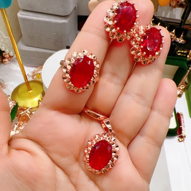 合金玻璃耳饰 红色qiqak气质手工三件套时尚18号货款耳钉饰品精致