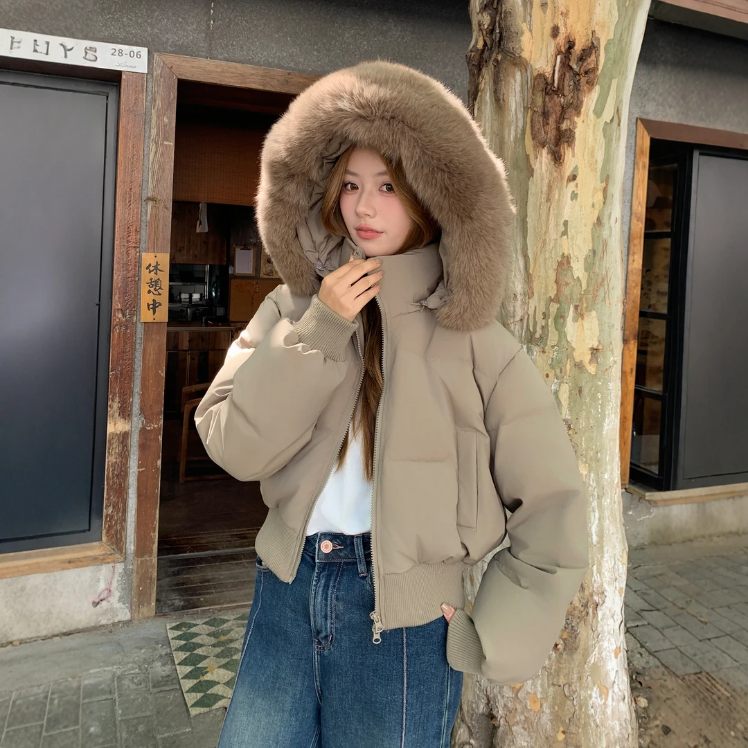 小个子短款连帽羽绒服90白鸭绒面包服大毛领女辣妹高级感个性外套