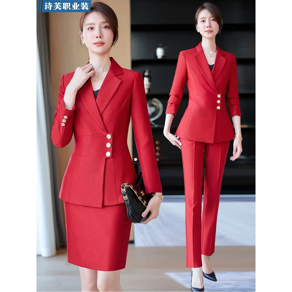 红色西服套装女神范时尚新款正装气质秋冬前台工作服霸气年会西装