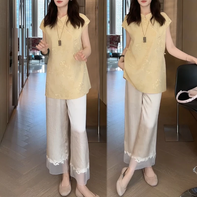 国风立领短袖上衣休闲裤子套装女生2026年夏季新款时尚潮流两件套