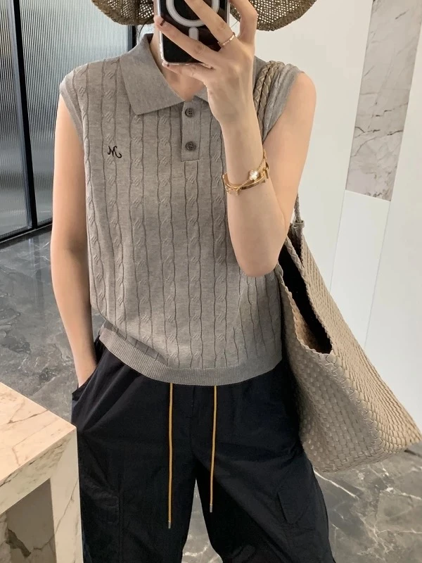 【翻领刺绣麻花】夏季上新纯色百搭无袖针织衫女上衣背心
