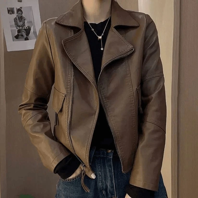2025新款冬季修身短款皮衣女圆领链水洗皮外套简约风大码显瘦长