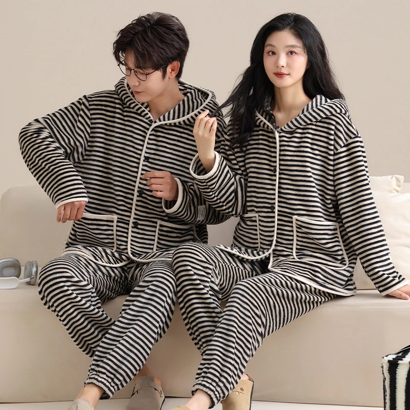 珊瑚绒超柔情侣条纹连帽睡衣女法兰绒加绒加厚连帽开衫KSF家居服