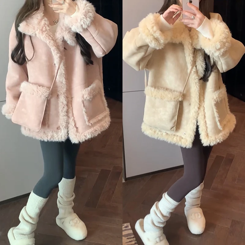 【mimius】&游鹿鹿 翻领设计皮毛一体保暖毛毛外套含包包） F11237