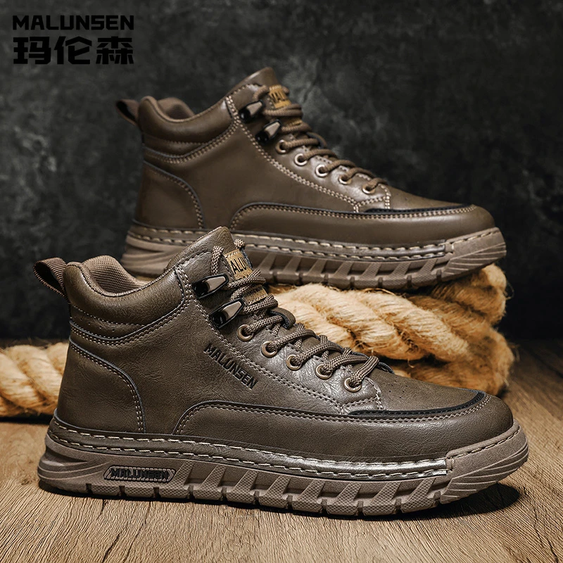 玛伦森秋季新款男士马丁靴防滑系带韩版百搭圆头冬季高帮男靴素面