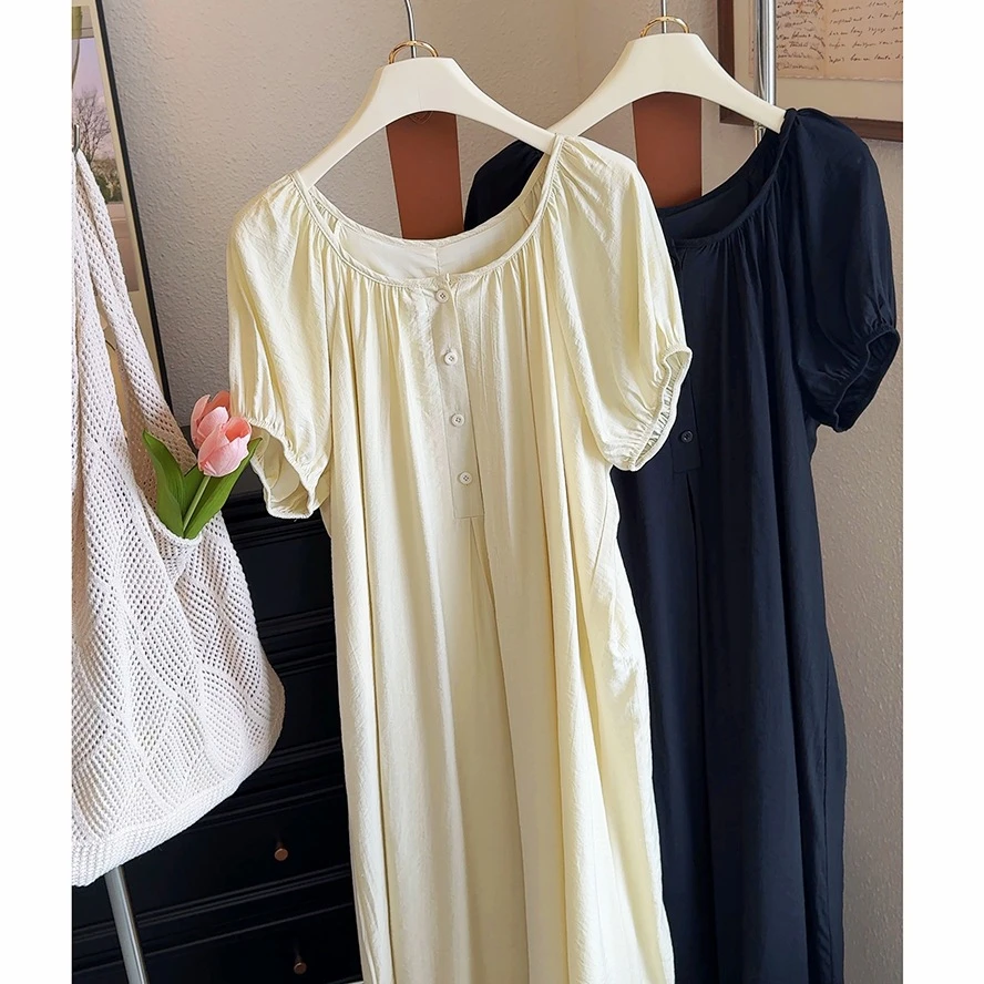 韩式chic甜美慵懒风泡泡袖连衣裙女2025夏季简约圆领宽松休闲长裙