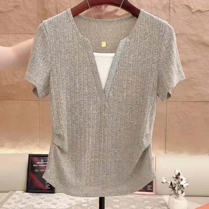 韩系穿搭假两件短袖T恤女2025年夏季新款设计感收腰别致绝美上衣